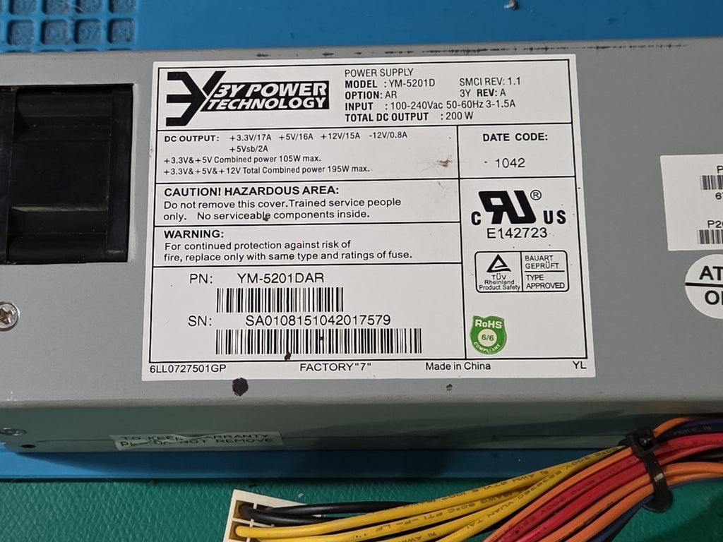 3Y Power Technology YM-5201D AR PWS-202-1H 200W 1U Server PSU Power Supply