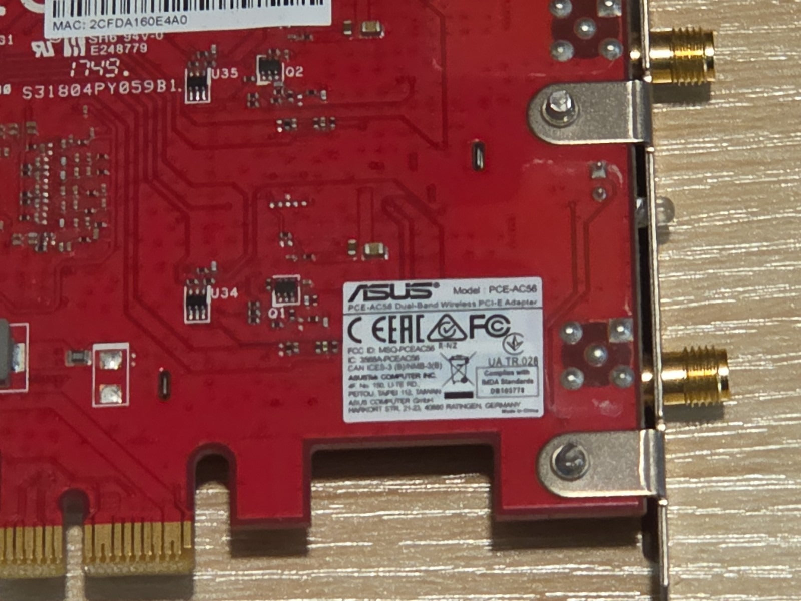 ASUS PCE-AC56 Dual-Band Wireless 802.11ac PCI-e WiFi Adapter Card No Antennas