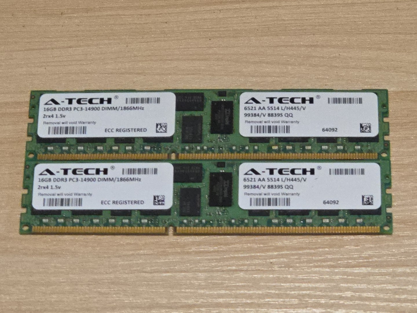 32GB 16GBx2 A-TECH 6521 AA 5514 L/H445/V PC3-14900 DDR3 1866MHz RDIMM ECC Memory